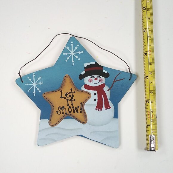 "Let is Snow!" Snowman Winter Scene Crafty Painted Wood Christmas Star Ornament - Picture 3 of 3